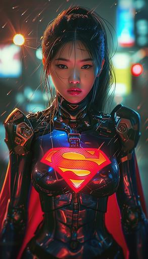Cyberpunk 2077, Female Human Cyborg, beautiful Asian woman with super delicate face,plump figure , Wearing Superman costume, Composition, Avant - garde fashion by Zhang Jingna, Cinematic Composition, Full Body Portrait --ar 4:7 --v 6.0