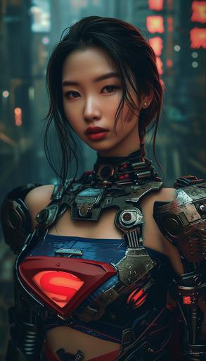 Cyberpunk 2077, Female Human Cyborg, beautiful Asian woman with super delicate face,plump figure , Wearing Superman costume, Composition, Avant - garde fashion by Zhang Jingna, Cinematic Composition, Full Body Portrait --ar 4:7 --v 6.0