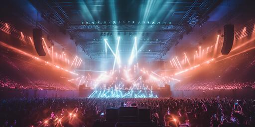 Cyberpunk Rammstien live stadium concert, futuristic performance environment with intense pyrotechnics, packed stadium concert, massive speaker stacks and lighting, lasers and fog machines, photorealistic --ar 2:1 --q 2 --v 5.1