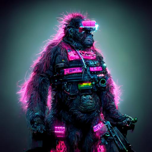 Cyberpunk gorilla, with cybernetic body with neon wires all over the body, 8k ultra realistic, holding an AK 47 camouflaged Pink and Smoking marijuana, 8K