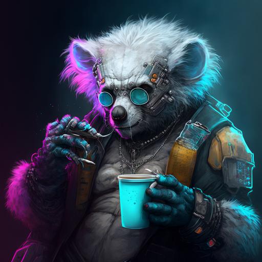 Cyberpunk koala drinks coffee, solid background, silver hands
