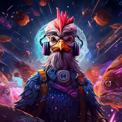 Cyberpunk style, 360 Panorama,wizard illustration with magic effects, A Super hero chicken, interstellar superman style, defined body, and happy face, in the background, a galaxy with some stars and few UFOs, cartoon style