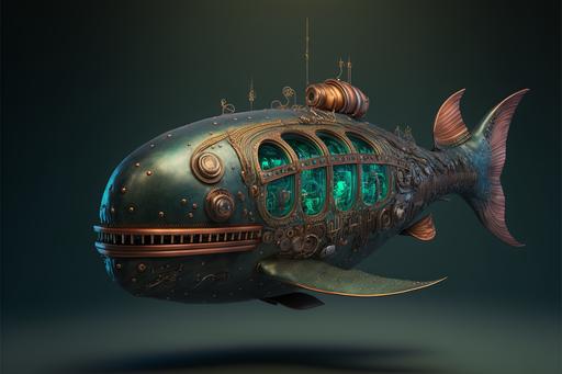 Cyberpunk submarine, classic whale design, Mexican skull-like design at the end of the ship, combination of materials including copper, brass and steel plate, bulbous interior lighting, illustrated by orthographic projection, octaine renderer,8k --ar 3:2 --q 2 --v 4