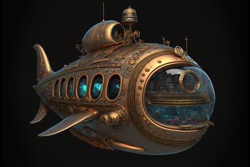 Cyberpunk submarine, classic whale design, Mexican skull-like design at the end of the ship, combination of materials including copper, brass and steel plate, bulbous interior lighting, illustrated by orthographic projection, octaine renderer,8k --ar 3:2 --q 2 --v 4