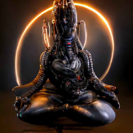 Cyborg Shiva robot sitting in lotus pose, by H.R. Giger, hyper-realistic render, spiraling wires and nebulas, galaxy, nebula, extreme detail, concept art, trending on artstation