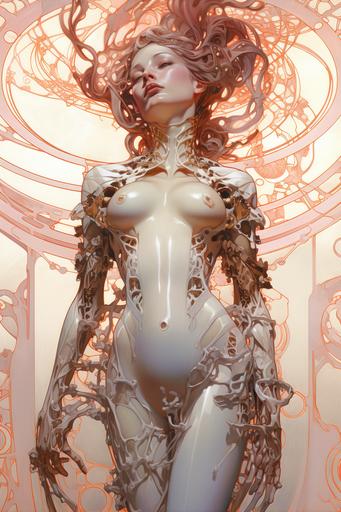 Cyborg, biomechanic, bright futuristic, artistic surrealism, intricate details, character study, full body, rose-gold and black, off-white, Art Nouveau, Alphonse Mucha, HR Giger, backlight, drop shadows, bold outlines,  --ar 2:3
