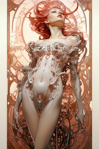 Cyborg, biomechanic, bright futuristic, artistic surrealism, intricate details, character study, full body, rose-gold and black, off-white, Art Nouveau, Alphonse Mucha, HR Giger, backlight, drop shadows, bold outlines,  --ar 2:3