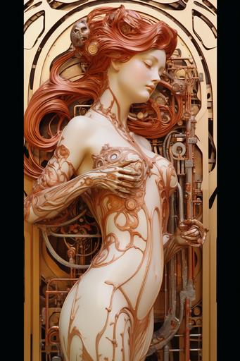 Cyborg, biomechanic, bright futuristic, artistic surrealism, intricate details, character study, full body, rose-gold and black, off-white, Art Nouveau, Alphonse Mucha, HR Giger, backlight, drop shadows, bold outlines,  --ar 2:3