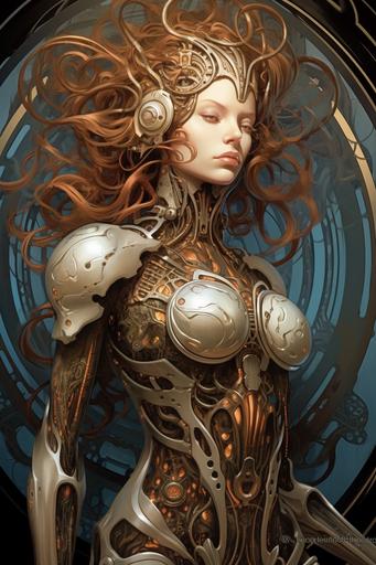 Cyborg, biomechanic, bright futuristic, artistic surrealism, intricate details, character study, full body, rose-gold and black, off-white, Art Nouveau, Alphonse Mucha, HR Giger, backlight, drop shadows, bold outlines, --ar 2:3 --v 5.2