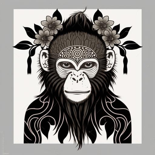 Cyborg monkey with long hair peaceful in japanese style balck and white similar to this