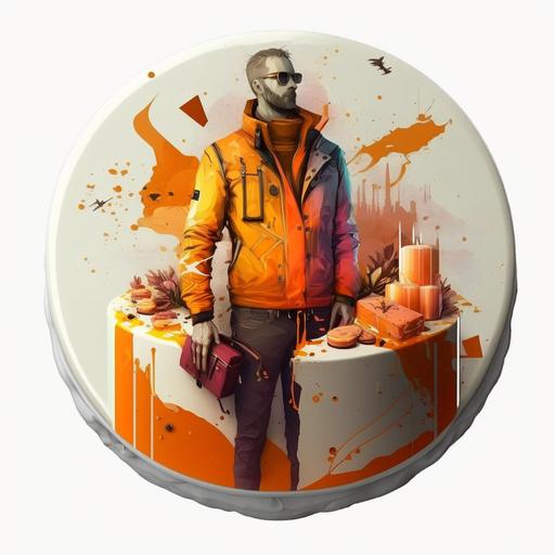 Cylinder birthday cake with a picture in disco elysium art style with a man standing in orange bomber jacket, cyberpank, warm sunset colours, on white background, 4k