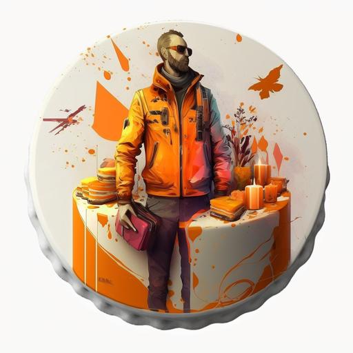 Cylinder birthday cake with a picture in disco elysium art style with a man standing in orange bomber jacket, cyberpank, warm sunset colours, on white background, 4k