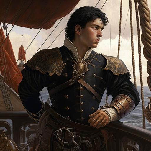 A Spanish young and handsome hidalgo with black hair in a Spanish cuirass of the 16th century stands, unsheathing a Spanish rapier of the 16th century, stands on the deck of a Spanish galleon and holds on to a rope looking into the distance