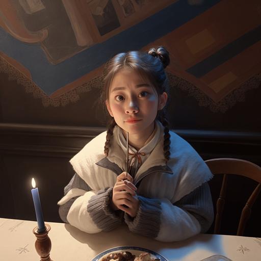 D render,oc render, best quality,a lovely lady with two braids, 10 years old, brown eyes, grining happily, wearing white blue coat, in western restaurant, use spoon to eat, seating by the table, front shot, Pixar style