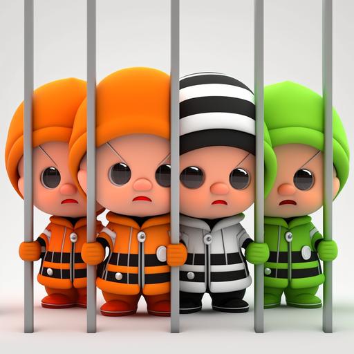 4-panel cartoon, cute prisoner, shy personality, boss baby style, border costume, colorful, high quality, anime character, 3D