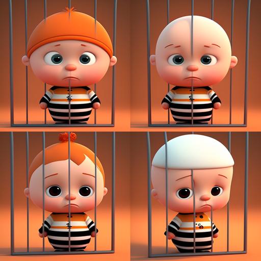 4-panel cartoon, cute prisoner, shy personality, boss baby style, border costume, colorful, high quality, anime character, 3D