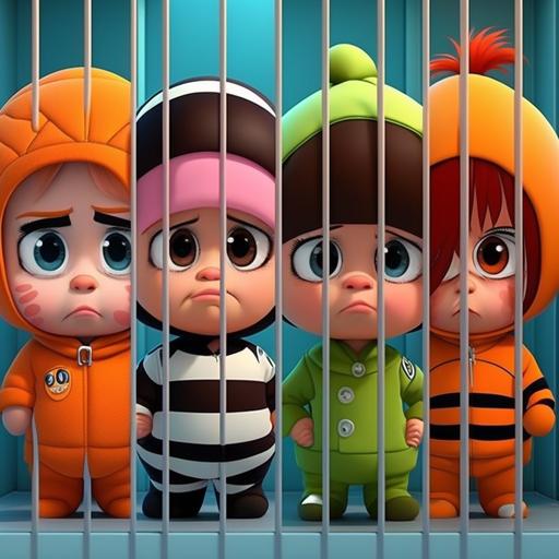 4-panel cartoon, cute prisoner, shy personality, boss baby style, border costume, colorful, high quality, anime character, 3D