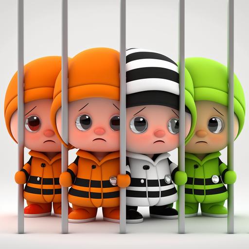 4-panel cartoon, cute prisoner, shy personality, boss baby style, border costume, colorful, high quality, anime character, 3D