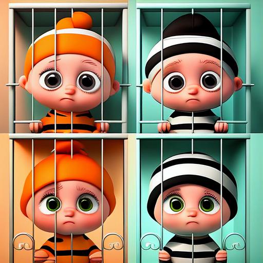 4-panel cartoon, cute prisoner, shy personality, boss baby style, border costume, colorful, high quality, anime character, 3D