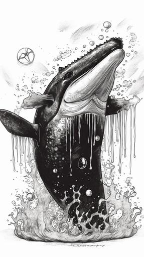 A big smiling humpback whale in the shower in a white and black bathroom holds a brush to scrub his back in soap bubbles, cartoon character --v 5 --ar 9:16 --q 5 --s 800