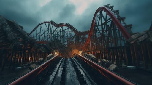 A dangerous and insecure thrill ride amusement park full of mad people taking reckless risks and stepping over the rails of a rollercoaster under threatening skies, lots of rusty metal painted red and blue, ultra realistic detail 8k --v 5.1 --ar 16:9 --q 5