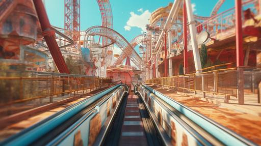 A very insecure super thrill ride amusement park full of people taking reckless risks and stepping over the rails of a rollercoaster, lots of rusty metal painted red and blue, ultra realistic detail 8k --v 5.1 --ar 16:9 --q 5