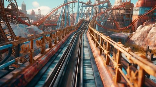 A very insecure super thrill ride amusement park full of people taking reckless risks and stepping over the rails of a rollercoaster, lots of rusty metal painted red and blue, ultra realistic detail 8k --v 5.1 --ar 16:9 --q 5