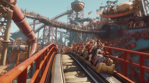 A very insecure thrill ride amusement park full of people taking reckless risks and stepping over the rails, lots of rusty metal painted red and blue, ultra realistic detail 8k --v 5.1 --ar 16:9 --q 5