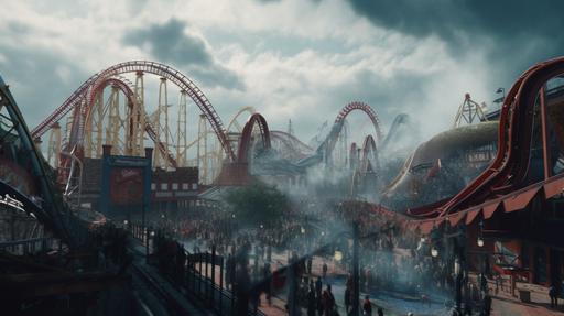 Hundreds of people have gone mad at this dangerous and insecure former amusement park, with many visitors taking reckless risks and stepping over the rails of a rollercoaster under threatening skies, lots of rusty metal painted red and blue, ultra realistic detail 8k --v 5.1 --ar 16:9 --q 5