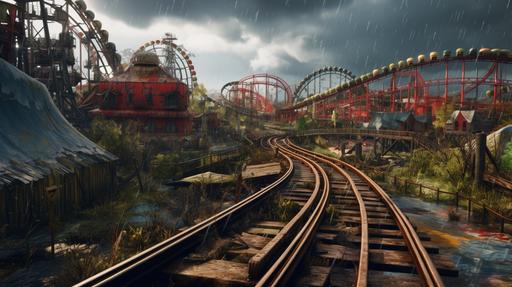 Hundreds of people have gone mad at this dangerous and insecure former amusement park, with many visitors taking reckless risks and stepping over the rails of a rollercoaster under threatening skies, lots of rusty metal painted red and blue, ultra realistic detail 8k --v 5.1 --ar 16:9 --q 5