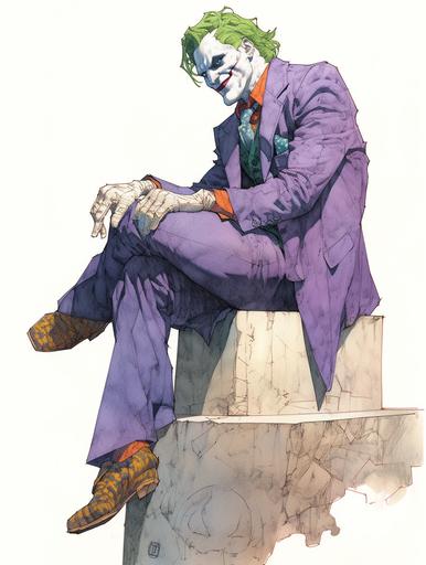 DCs the Joker, indigo suit, inked by Frank Miller, illustration by Moebius and James Jean --ar 3:4 --niji 5