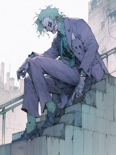 DCs the Joker, indigo suit, inked by Frank Miller, illustration by Moebius and James Jean --ar 3:4 --stylize 500 --niji 5