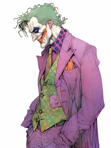 DCs the Joker, indigo suit, inked by Frank Miller, illustration by Moebius and James Jean --ar 3:4 --niji 5