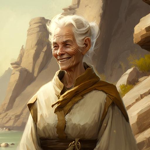 D&D character, full body, old white human woman with bronze tone skin, cleric of dragon god, smiling, gentle face, wearing beige robe, welcoming pose, on a cliff, open temple background