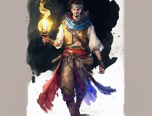 D&D watercolour style, watercolours, Young man with wearing mildly Aladdin-esque style clothing, wearing multicoloured lantern on hip, character is surround by red fire motif, pointed shoes, excited look, full body character portrait, --ar 4:3