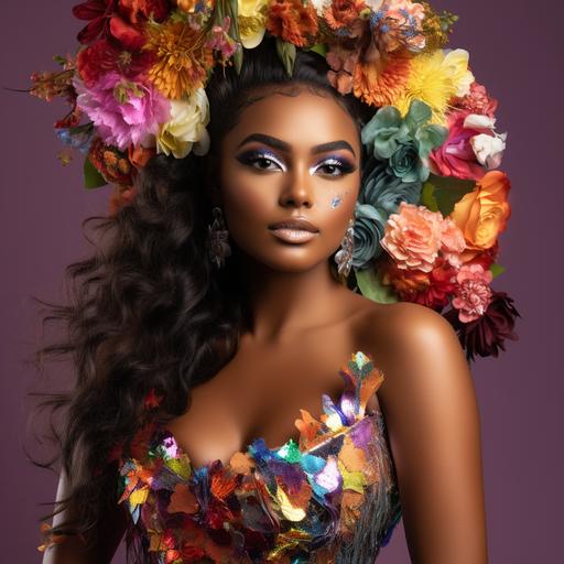 beautiful light or dark skin Brazilian model with holographic flowers, photorealistic photoshoot, full glam makeup with long full eyelashes, 8k, view of full body, wideshot, Peruvian long bundles 3 bundles with middle part, glossy hair, smiling or neutral expression