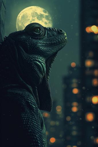 DIY drawing in pitch darkness of a candid moment from an lizard-o-phant, half lizzard half elephant. He is an amphibian - a symbiotic life form, it is standing tall against an obsidian dark and eerie skyscraper background, dim lightly rim light give's hints to the feint bokeh of the skyscraper towers, Frank Miller style --ar 2:3 --style raw --v 6.0 --stylize 400