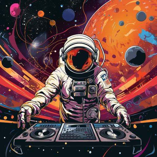 DJ in outer space in the style of a 1970s illustration