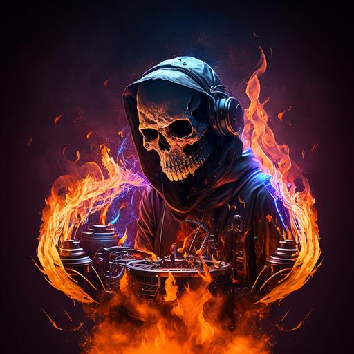 DJ skeleton in flames, with dj setup in front of him, with headphones on his neck, with a reversed hat and a t-shirt,hyper realistic,8k,cinematic