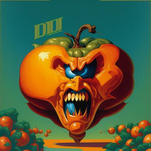 DOOM (1993) Cover Art but with an Human-shaped Orange Fruit, Oil painted, 2d, cover art, angry, beautiful, aggressive