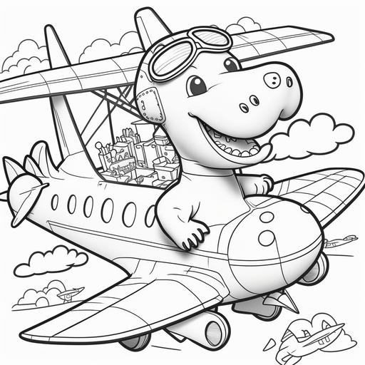 DRAW ME A HAPPY CARTOON DINOSAUR PILOTING AN AIRPLANE FOR COLORING IN A BOOK
