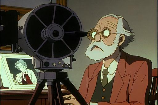 DVD screengrab of the old man telescope scene from the animated Studio Ghibli movie War Of The Worlds directed by Hayao Miyazaki, 1975 --ar 3:2 --v 4 --upbeta --v 4