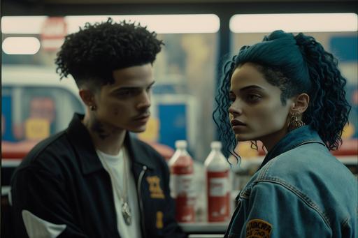DVD still from 2020’s teen drama TV show ‘Euphoria’, Drug deal between drug dealers Fez and Ashtray with Rue, pistols, guns, face tattoos, trap house, gas station, high drama, high detail, high quality, neon high contrast --q 2 --v 4 --ar 3:2