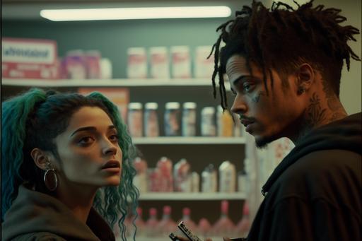 DVD still from 2020’s teen drama TV show ‘Euphoria’, Drug deal between drug dealers Fez and Ashtray with Rue, pistols, guns, face tattoos, trap house, gas station, high drama, high detail, high quality, neon high contrast --q 2 --v 4 --ar 3:2