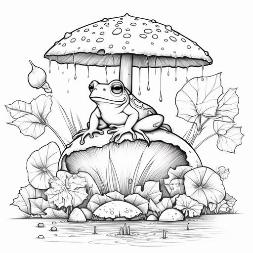 ergonomic cute Mushroom frog character on lily pad in pond, coloring book page