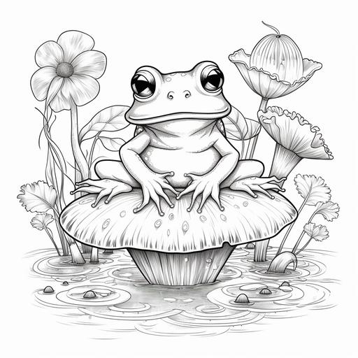 ergonomic cute Mushroom frog character on lily pad in pond, coloring book page