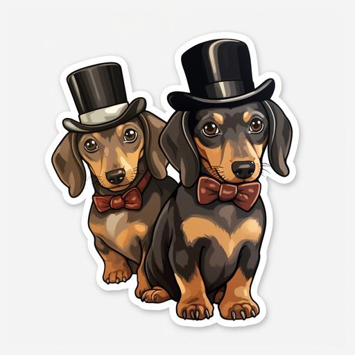 Dachshunds wearing tiny bowties and top hats, strutting confidently, cartoon style, transparent background, shown as a sticker, 4k
