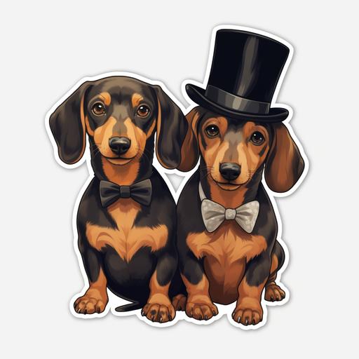 Dachshunds wearing tiny bowties and top hats, strutting confidently, cartoon style, transparent background, shown as a sticker, 4k