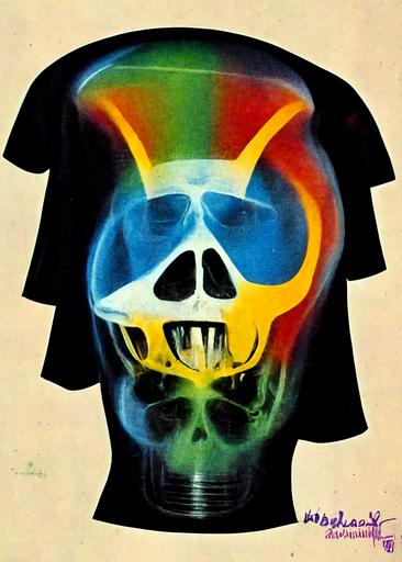 headbanger skull x-ray “Metal Head” colorful, fancy, sparkly, 70s, t-shirt design, c1978 --w 320 --h 448 --uplight