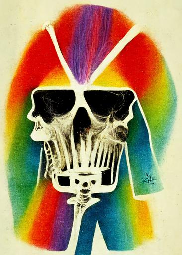 headbanging x-ray “Metal Head” colorful, fancy, sparkly skeleton, 70s, t-shirt design, c1978 --w 320 --h 448